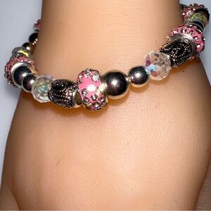 Pink Crystal Encrusted Donut & Silvertone Beaded Bracelet